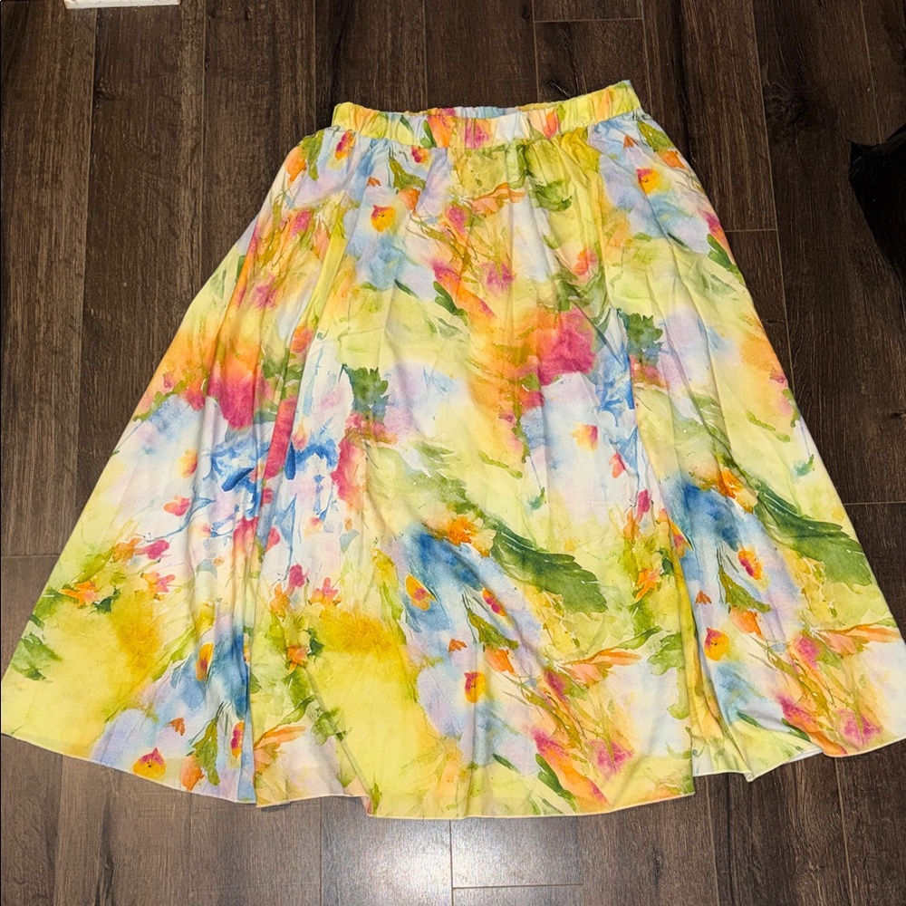 Yellow Floral Watercolor Midi Skirt | Women’s Size Large | Flowing A-Line